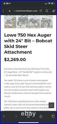 Bobcat Skid Steer Attachment Lowe 750 Classic Round Auger 24 Bit